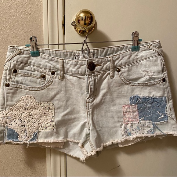 Free People Light Wash Denim Patch Shorts - Picture 5 of 8